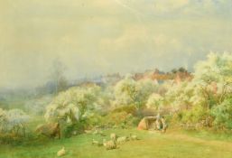 F. Mercier (19th Century), An extensive Spring landscape with sheep and lambs in a field with