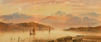 19th Century, A paddle steamer and sailing boats on calm water with mountains beyond, watercolour,