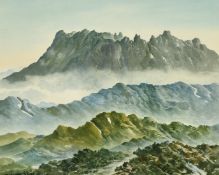 Simon C. Yew, Mountain peaks against clouds, watercolour, signed, 10