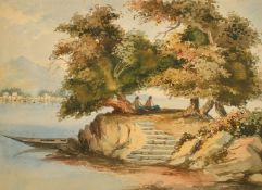 Attributed to Henry Maurice Page (19th Century), figures resting in a Continental port, watercolour,