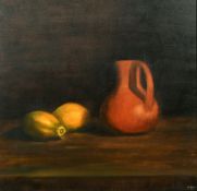 George Tincu (contemporary) Still life of a brown jug with two lemons, oil on canvas, signed, 24