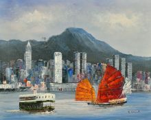C. Chan, The Waterfront, Hong Kong, oil on canvas, signed,16