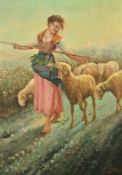 Daniel, 20th Century, a shepherdess and her flock on a country lane, oil on canvas, signed, 27.5