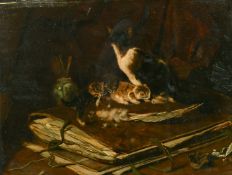 Jan van Essen (1854-1936) Dutch, Cat and kittens sitting on a pile of folios, oil on panel, signed