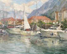 Yuro Pryadko (b.1980) Ukrainian, boats moored in a natural harbour, oil on canvas, signed and also