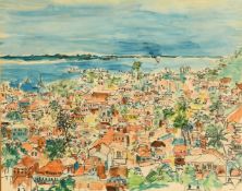 Hassan Bagura (b.1933) Sierra Leone, houses and palm trees by a bay, watercolour, signed and dated