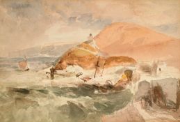 Attributed to W.J. Callcott, Coastal scene with a wreck, watercolour, inscribed 'Ilfracombe'