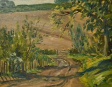Maurice Codner (1888-1958) British, a view of a country path leading to a gate, oil on board, 14