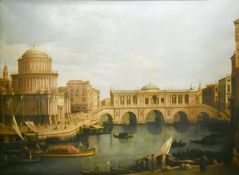 After Canaletto, figures and boats by a quay with classical building beyond, oil on canvas, 60