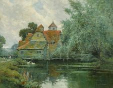 A. F. De Breanski (1877-1957) British, a view of Mapledurham Watermill with swans and figures, oil