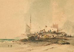 F. Frantz, Fishermen tending their boats on a seashore, watercolour heightened with gum Arabic, 6.