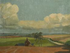 John Brown (20th Century) British, 'Wold Farm', oil on panel, signed with initials, 12.5