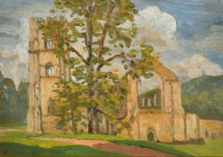 John Brown (20th Century) British, a view of church ruins, oil on board, signed with initials, 10