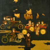 Ginger Tilly (20th Century), A stylized motoring scene, oil on panel, signed and dated 1970, 15