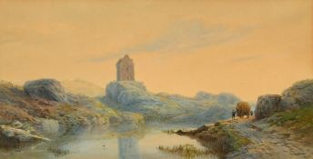 Edward Duncan, 'South Cornwall', A rocky river scene with a tower and a horse and cart on the path
