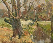 Rowland Fisher (1885-1969) British, mare and foal by a stream, oil on canvas, signed, 15