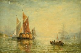 Adolphus Knell (1801-1875), a rowing boat approaching moored vessels at dusk, oil on panel,