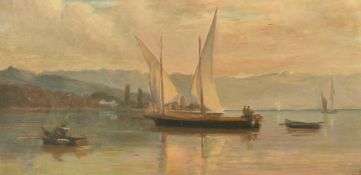 19th/20th Century School, a sailboat moored in a bay with mountains beyond, oil on canvas, 10