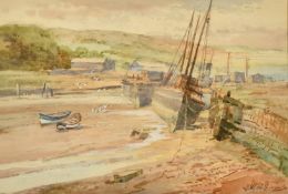 J. W. Williams (19th/20th Century), boats moored in a harbour at low tide, watercolour, signed, 6.5