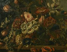 19th Century Continental School, a still life of mixed flowers in a basket, oil on canvas, 13