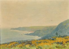 20th Century English School, 'On the Cliffs of Cornwall', figures in a coastal view, indistinctly
