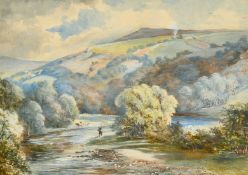 20th Century School, flyfishing in a mountain stream, watercolour, 9.25