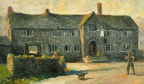 Early 20th Century English School, Figures and a dog outside an Inn, oil on canvas 13