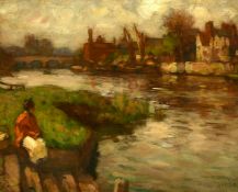 Percy William Gibbs (1873-1937) British, 'Waiting for the Ferry Near Kingston', oil on panel,