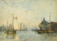 Agnes Edmonston, Dutch Barges on the canal, watercolours, both signed, 9.5