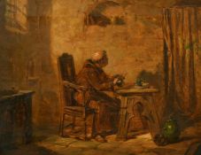19th Century School, a monk in his chambers, oil on canvas, indistinctly signed with initials, 8