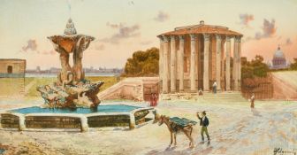 Italian School 19/20th Century, Figures by a fountain and temple near Rome, watercolour,