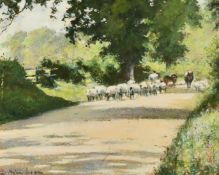 Isabel Wylie Lowe (1855-1925), sheep being driven along a country lane, watercolour, signed and