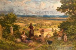 James Thomas Linnell (1820-1905) British, 'Atop of the Hill', resting workers at harvest time, oil