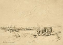 George Morland, an engraving of figures, horses and sheep in a landscape, 6.75