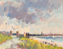 Geoffrey Chatten (21st Century), Figures walking near the coast, Gorleston cliffs, oil on board,