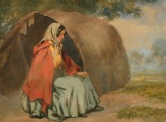English School, monogram J. H. M. a female figure in a red cloak resting, watercolour, 10