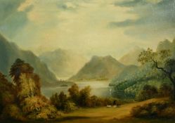 Attributed to William Mitchell of Maryport, a gentleman and his dogs walking by a lake with a