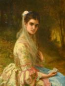 William Oliver (1823-1901) British, 'Dolly Varden', a portrait of an elegant lady holding a