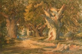 J C Evans, circa 1866, a shepherd and his flock on a woodland path, watercolour, 23.5