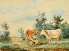 19th Century School, milking cows, watercolour, 7.25