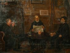 Donald Swan (1918-2004) Scottish, A tavern scene with three men seated at a table with drinks, oil