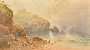 William Cook of Plymouth, Fisherman on a shore with a rough sea and a castle on the hill above,