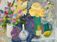 Sheila Macnab Macmillan (1928-2018) Scottish, A still life of colourful flowers in vases, oil on