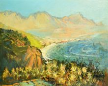 Philip Niel Erskine (1933-2013) South African, a view of a bay with mountains beyond, oil on