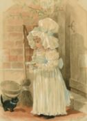 George Cruickshank (1842-1910) British, a young girl with a saucer of milk for her cat, watercolour,