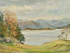 Maurice Codner (1888-1958) British, sailboat in a coastal landscape, oil on board, 14