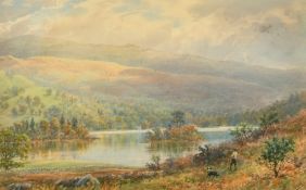 Ebenezer Alfred Warmington (1830-1903) British, a man and his dog by a mountain lake, watercolour,