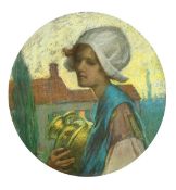 19th Century Dutch School, Portrait of a young woman holding a jug, pastel, 13.5