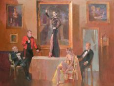 Julian Gordon Mitchell (b. 1964), figures in a dining room, oil on canvas, label verso, 30