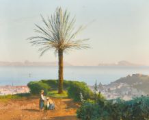 19th Century Neapolitan School, figures overlooking a bay, watercolour, 11.5